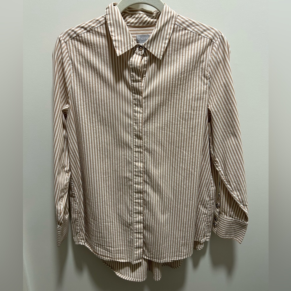 Chico's Beige Striped Button Down Shirt